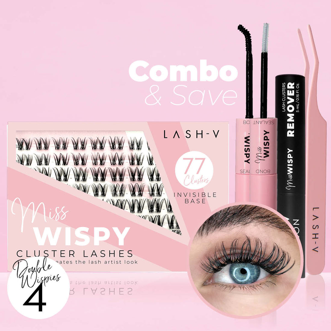 Miss Wispy Cluster Lashes - 77 Clusters Style 4 Double Wispies Complete Kit - LASH V